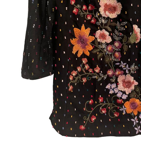 Anthropologie One September Black Embroidered Peasant 3/4 Sleeve Top XS - Picture 5 of 6